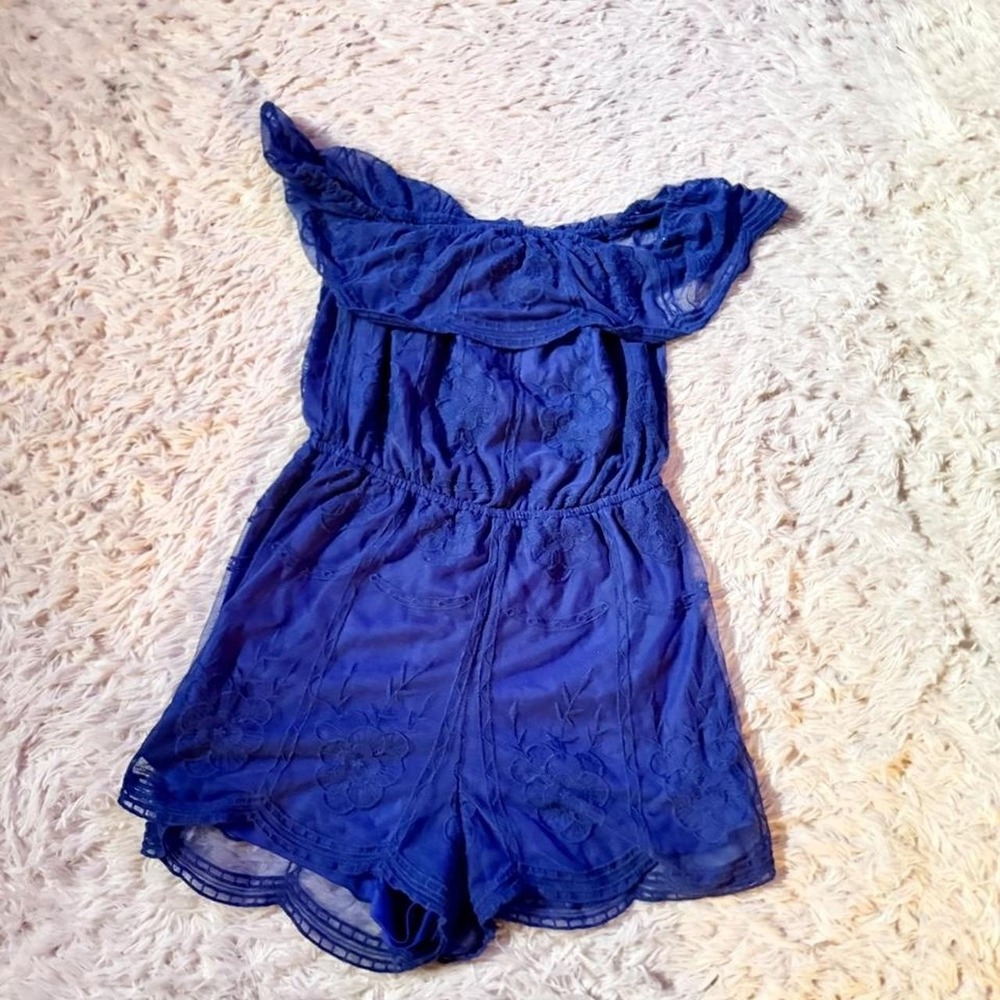 Cobalt Blue Lace Whimsical Vivid Fairycore Colorful Off Shoulder Romper Womens S